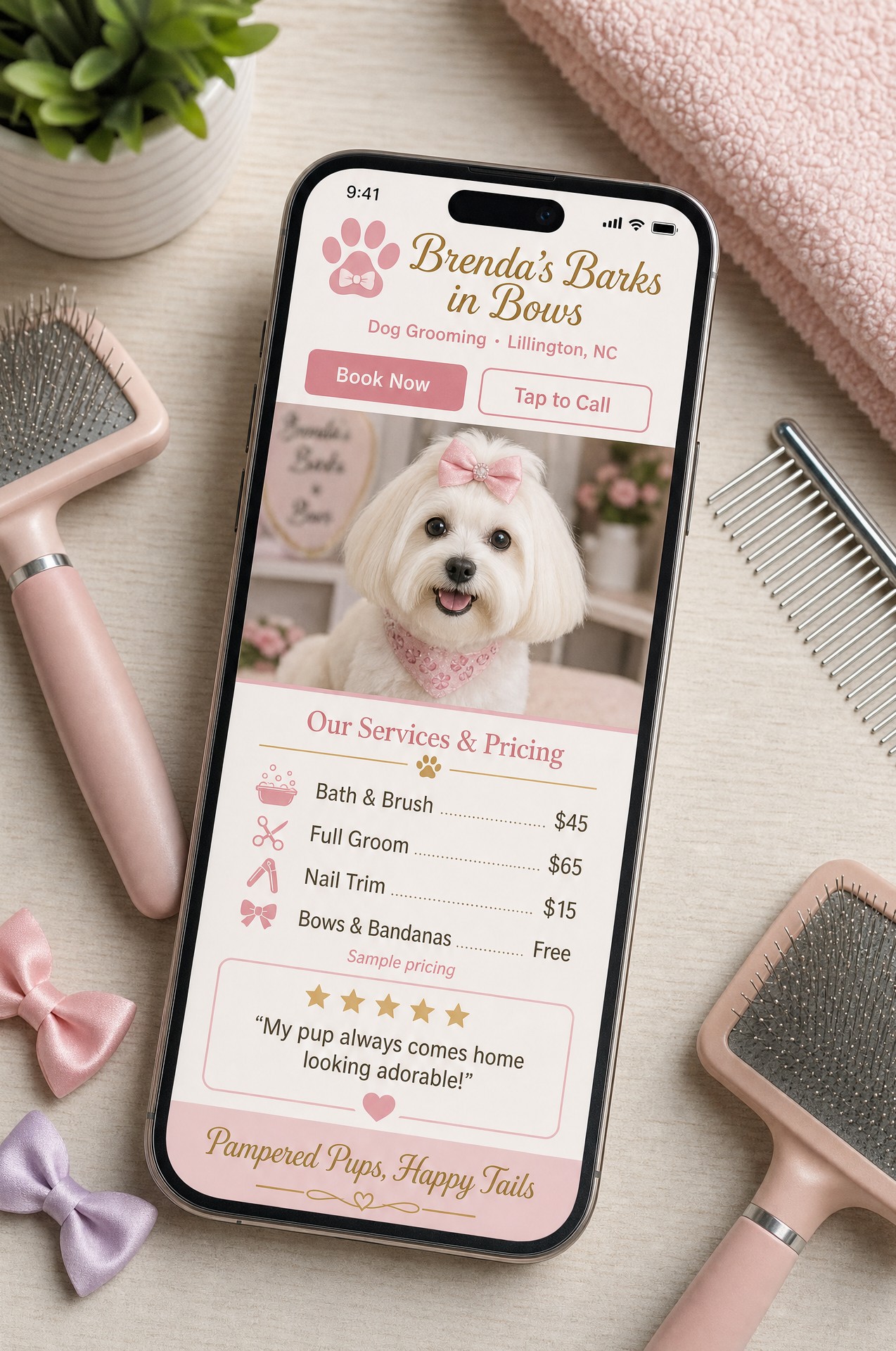 Brenda's Barks & Bows pet grooming mobile website mockup