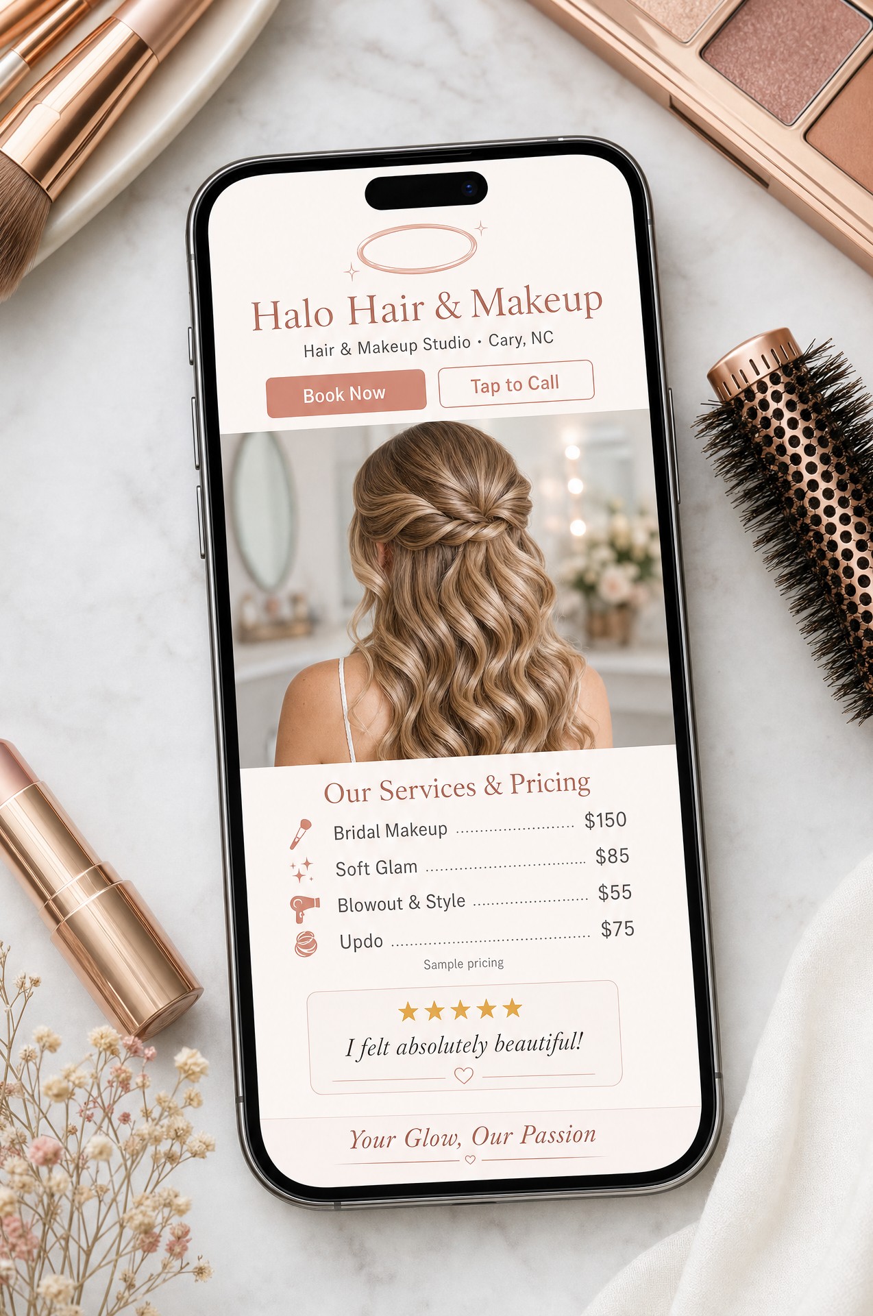 Halo Hair & Makeup salon mobile website mockup
